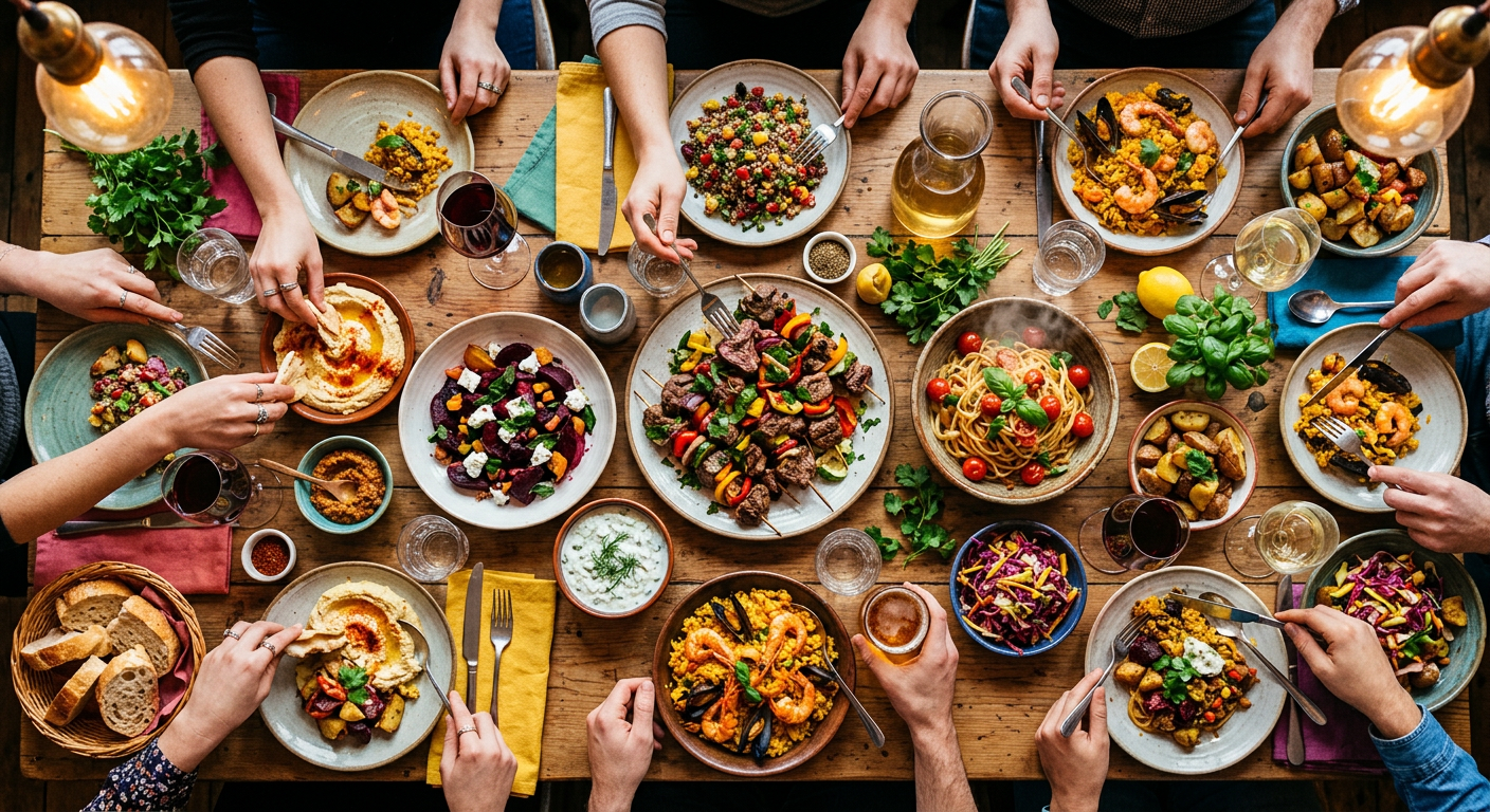 Vogelperspektive auf Restauranttisch mit Gerichten