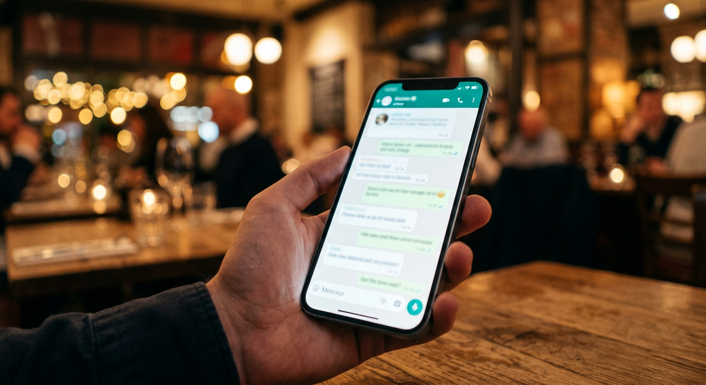Smartphone mit WhatsApp-Gespräch in warmer Restaurant-Atmosphäre